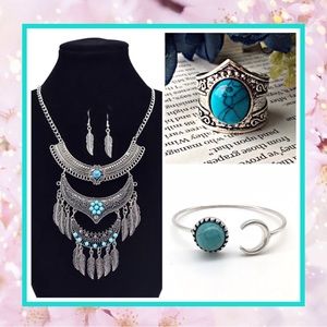 🌸 4PC TEAL NECKLACE BRACELET EARRINGS RING BOHO